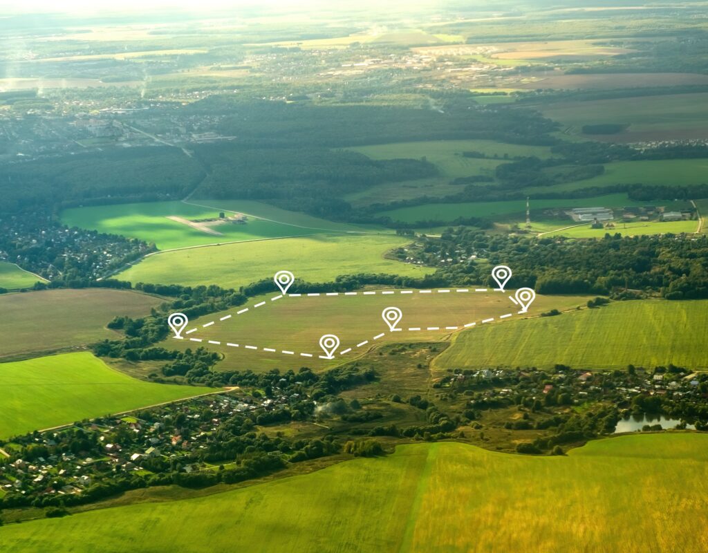 Aerial view of green field, position point and boundary line to show location and area. A tract of land for owned, sale, development, rent, buy or investment.